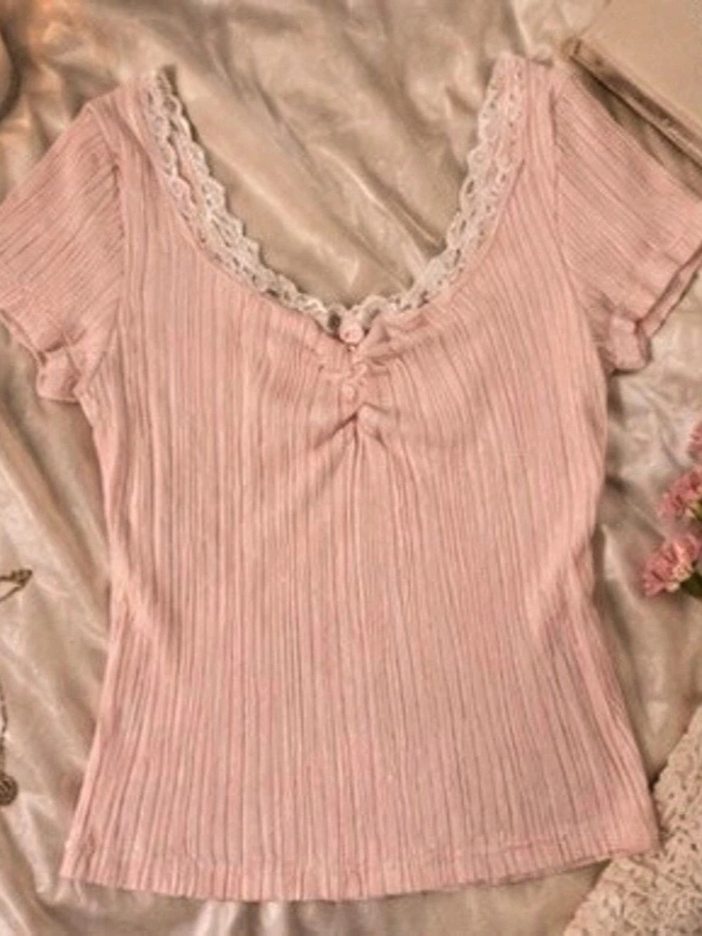 Pink Lace Trim Ribbed Top Like New